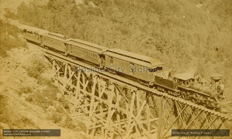 Stereoview: Willey Brook Bridge and Train, Portland & Ogdensburg  Railroad, Crawford Notch, White Mountains